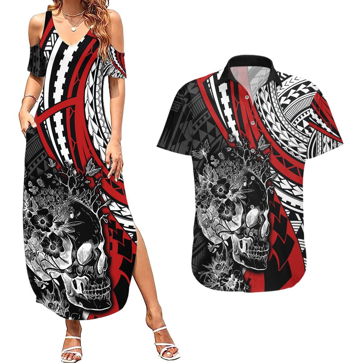 Personalised Polynesia Skull Couples Matching Summer Maxi Dress and Hawaiian Shirt Tattoo In The Style Of Maori With Marine Life Red LT9 Red - Polynesian Pride