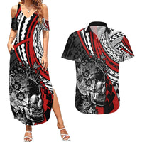 Personalised Polynesia Skull Couples Matching Summer Maxi Dress and Hawaiian Shirt Tattoo In The Style Of Maori With Marine Life Red LT9 Red - Polynesian Pride