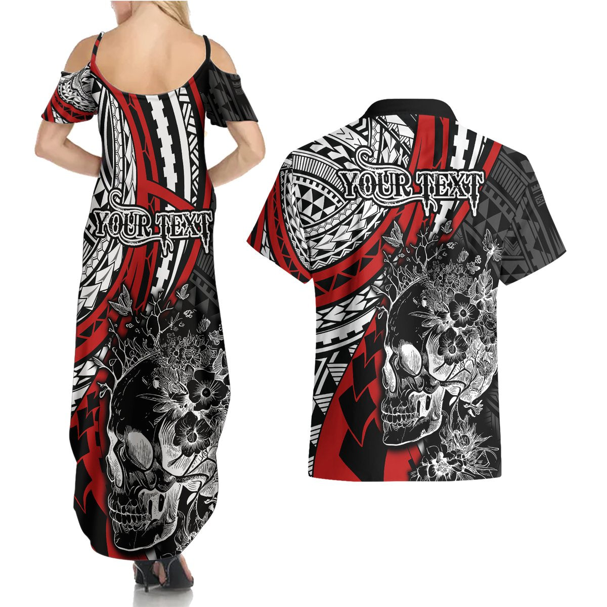 Personalised Polynesia Skull Couples Matching Summer Maxi Dress and Hawaiian Shirt Tattoo In The Style Of Maori With Marine Life Red LT9 - Polynesian Pride