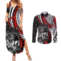 personalised-polynesia-skull-couples-matching-summer-maxi-dress-and-long-sleeve-button-shirts-tattoo-in-the-style-of-maori-with-marine-life-red