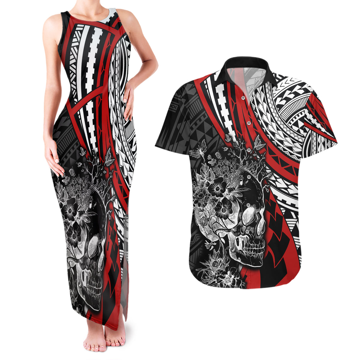 Personalised Polynesia Skull Couples Matching Tank Maxi Dress and Hawaiian Shirt Tattoo In The Style Of Maori With Marine Life Red LT9 Red - Polynesian Pride