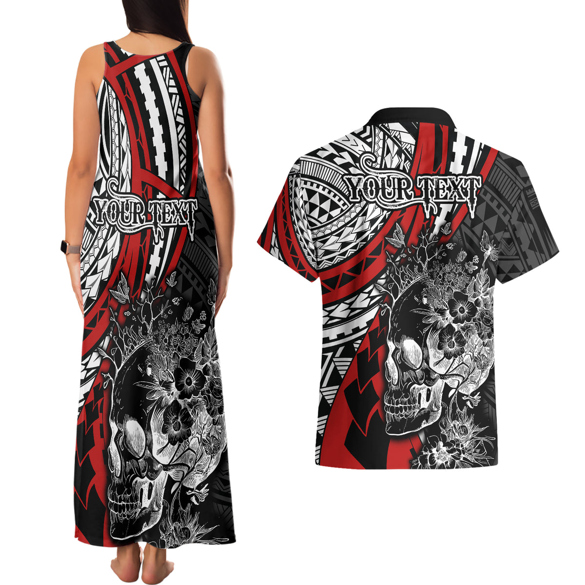 Personalised Polynesia Skull Couples Matching Tank Maxi Dress and Hawaiian Shirt Tattoo In The Style Of Maori With Marine Life Red LT9 - Polynesian Pride