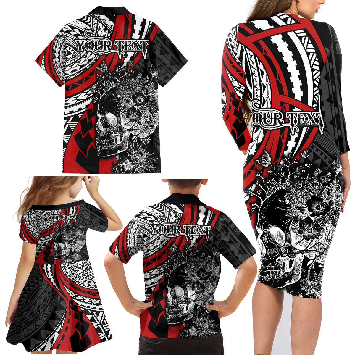 Personalised Polynesia Skull Family Matching Long Sleeve Bodycon Dress and Hawaiian Shirt Tattoo In The Style Of Maori With Marine Life Red LT9 - Polynesian Pride