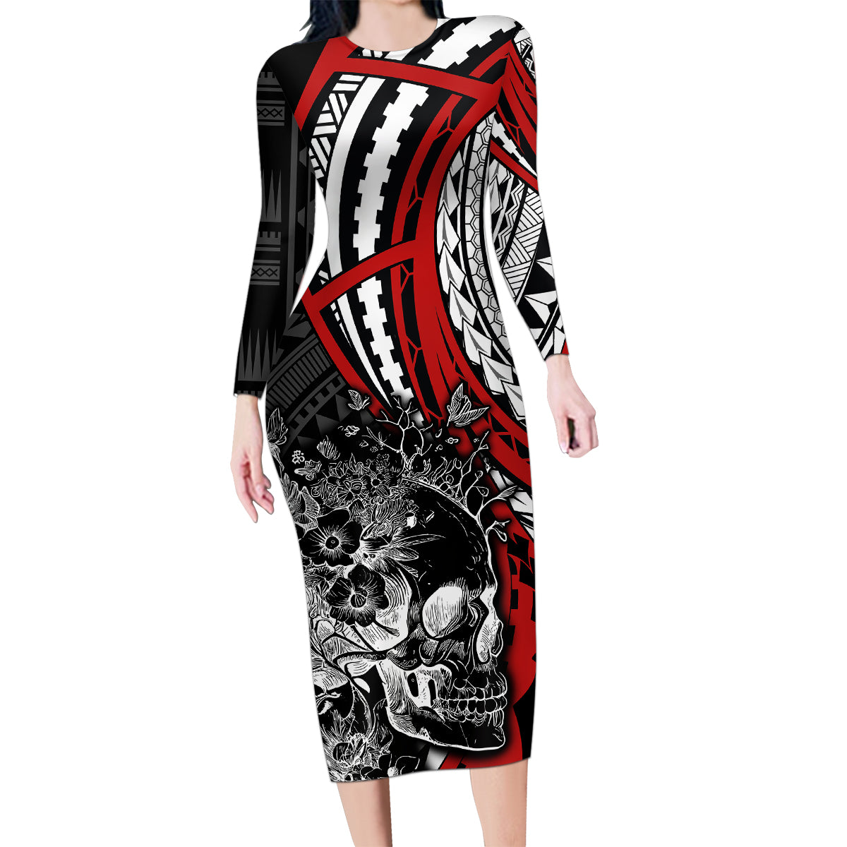 Personalised Polynesia Skull Family Matching Long Sleeve Bodycon Dress and Hawaiian Shirt Tattoo In The Style Of Maori With Marine Life Red LT9 Mom's Dress Red - Polynesian Pride