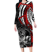 Personalised Polynesia Skull Family Matching Long Sleeve Bodycon Dress and Hawaiian Shirt Tattoo In The Style Of Maori With Marine Life Red LT9 Mom's Dress Red - Polynesian Pride