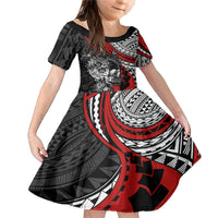 Personalised Polynesia Skull Family Matching Mermaid Dress and Hawaiian Shirt Tattoo In The Style Of Maori With Marine Life Red LT9 Daughter's Dress Red - Polynesian Pride