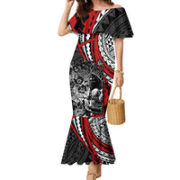 Personalised Polynesia Skull Family Matching Mermaid Dress and Hawaiian Shirt Tattoo In The Style Of Maori With Marine Life Red LT9 Mom's Dress Red - Polynesian Pride