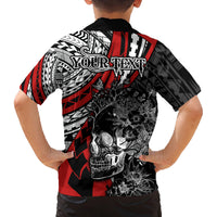 Personalised Polynesia Skull Family Matching Off Shoulder Long Sleeve Dress and Hawaiian Shirt Tattoo In The Style Of Maori With Marine Life Red LT9 - Polynesian Pride
