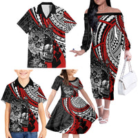 Personalised Polynesia Skull Family Matching Off Shoulder Long Sleeve Dress and Hawaiian Shirt Tattoo In The Style Of Maori With Marine Life Red LT9 - Polynesian Pride