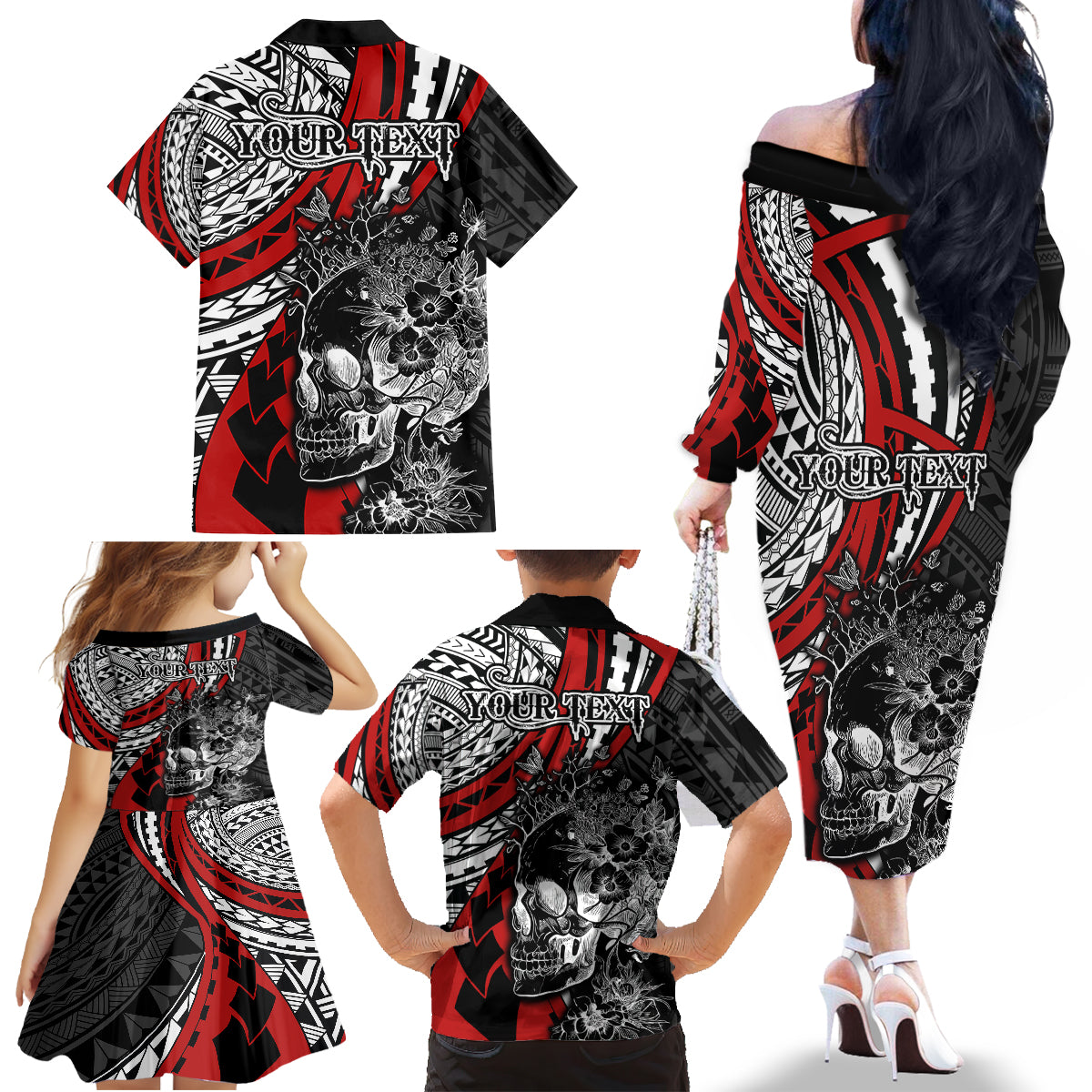 Personalised Polynesia Skull Family Matching Off Shoulder Long Sleeve Dress and Hawaiian Shirt Tattoo In The Style Of Maori With Marine Life Red LT9 - Polynesian Pride