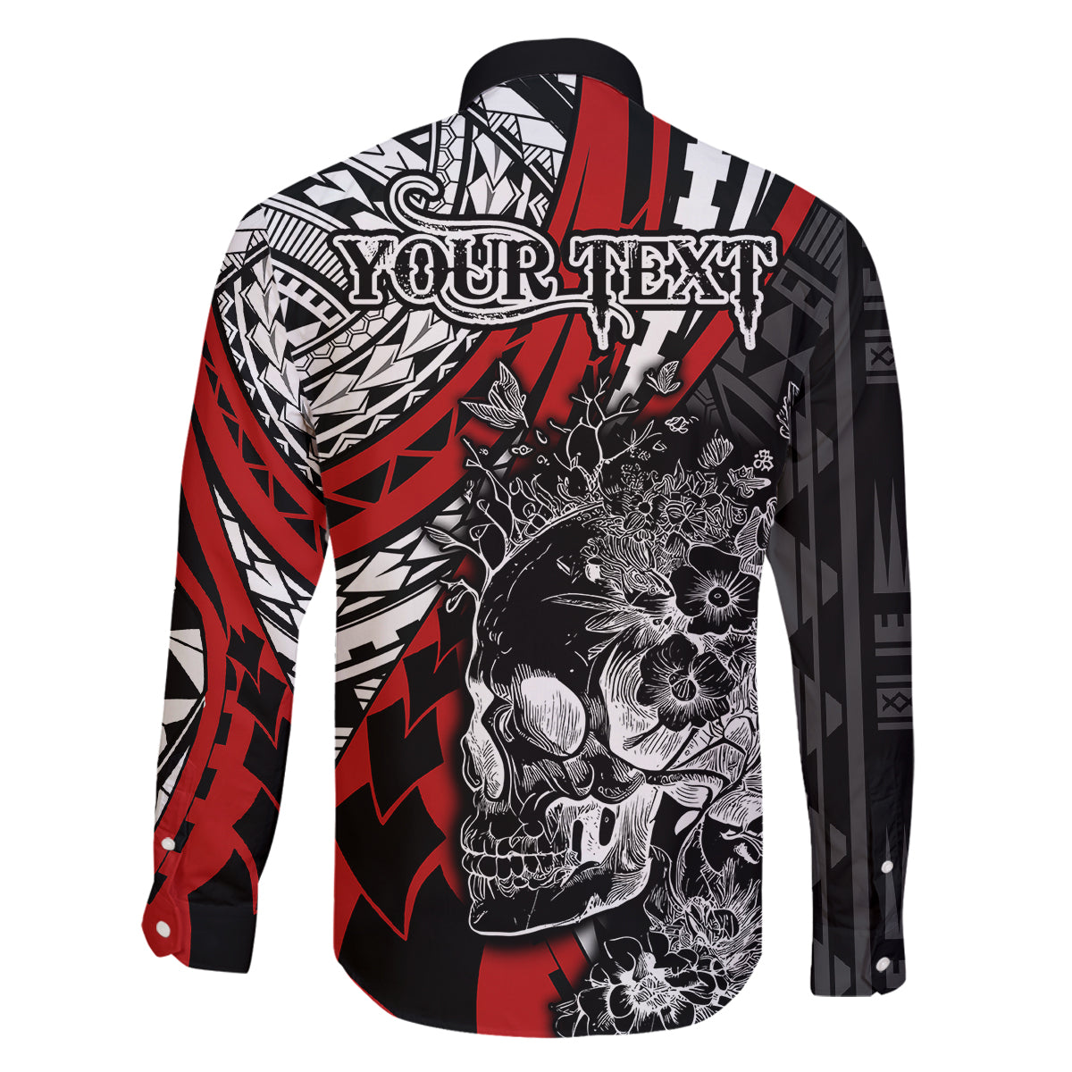 Personalised Polynesia Skull Family Matching Off Shoulder Long Sleeve Dress and Hawaiian Shirt Tattoo In The Style Of Maori With Marine Life Red LT9 - Polynesian Pride