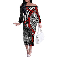 Personalised Polynesia Skull Family Matching Off Shoulder Long Sleeve Dress and Hawaiian Shirt Tattoo In The Style Of Maori With Marine Life Red LT9 Mom's Dress Red - Polynesian Pride