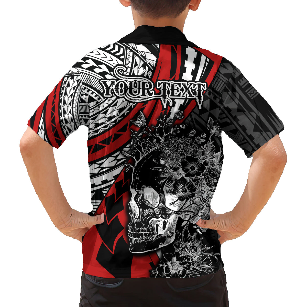 Personalised Polynesia Skull Family Matching Off Shoulder Maxi Dress and Hawaiian Shirt Tattoo In The Style Of Maori With Marine Life Red LT9 - Polynesian Pride