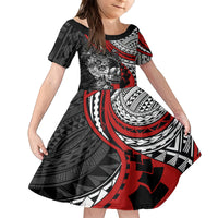 Personalised Polynesia Skull Family Matching Off Shoulder Maxi Dress and Hawaiian Shirt Tattoo In The Style Of Maori With Marine Life Red LT9 Daughter's Dress Red - Polynesian Pride
