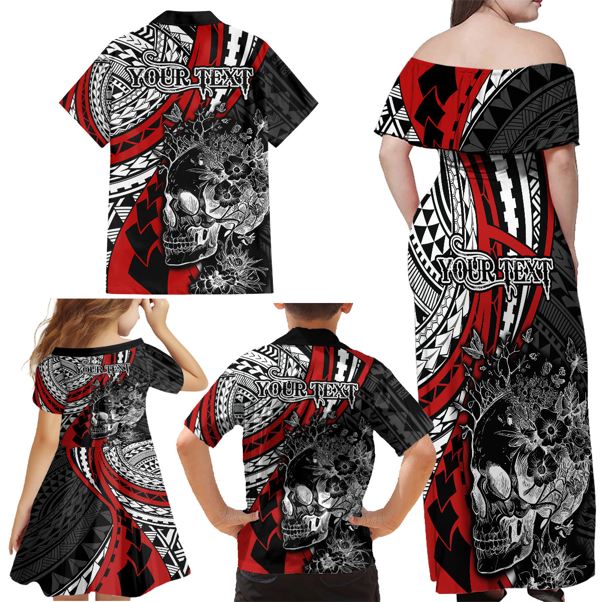 Personalised Polynesia Skull Family Matching Off Shoulder Maxi Dress and Hawaiian Shirt Tattoo In The Style Of Maori With Marine Life Red LT9 - Polynesian Pride