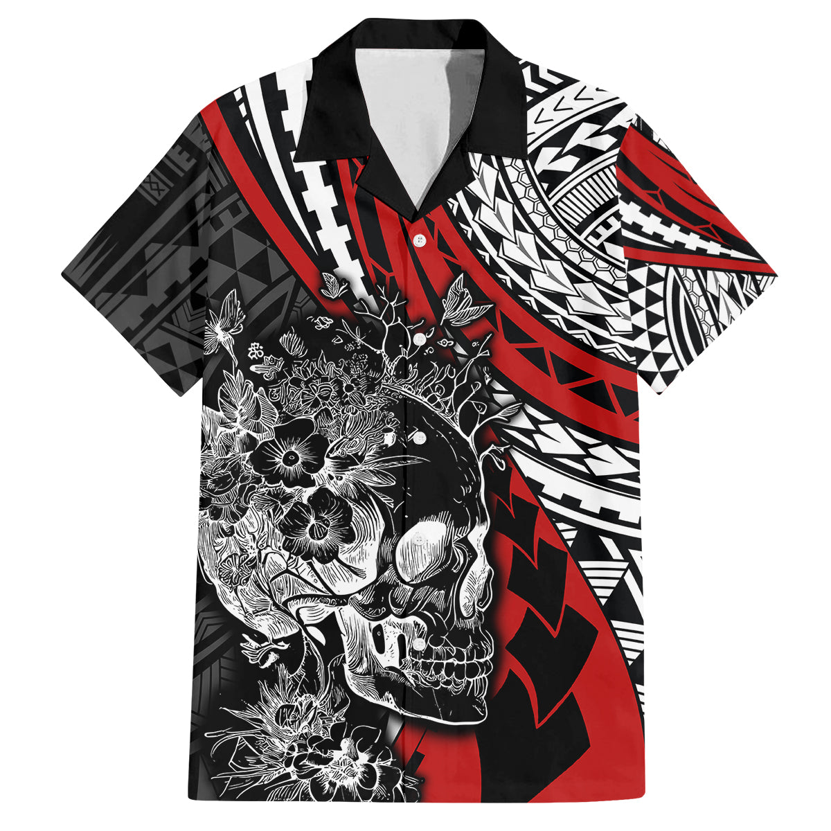 Personalised Polynesia Skull Family Matching Off Shoulder Maxi Dress and Hawaiian Shirt Tattoo In The Style Of Maori With Marine Life Red LT9 Dad's Shirt - Short Sleeve Red - Polynesian Pride