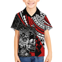 Personalised Polynesia Skull Family Matching Off Shoulder Maxi Dress and Hawaiian Shirt Tattoo In The Style Of Maori With Marine Life Red LT9 Son's Shirt Red - Polynesian Pride