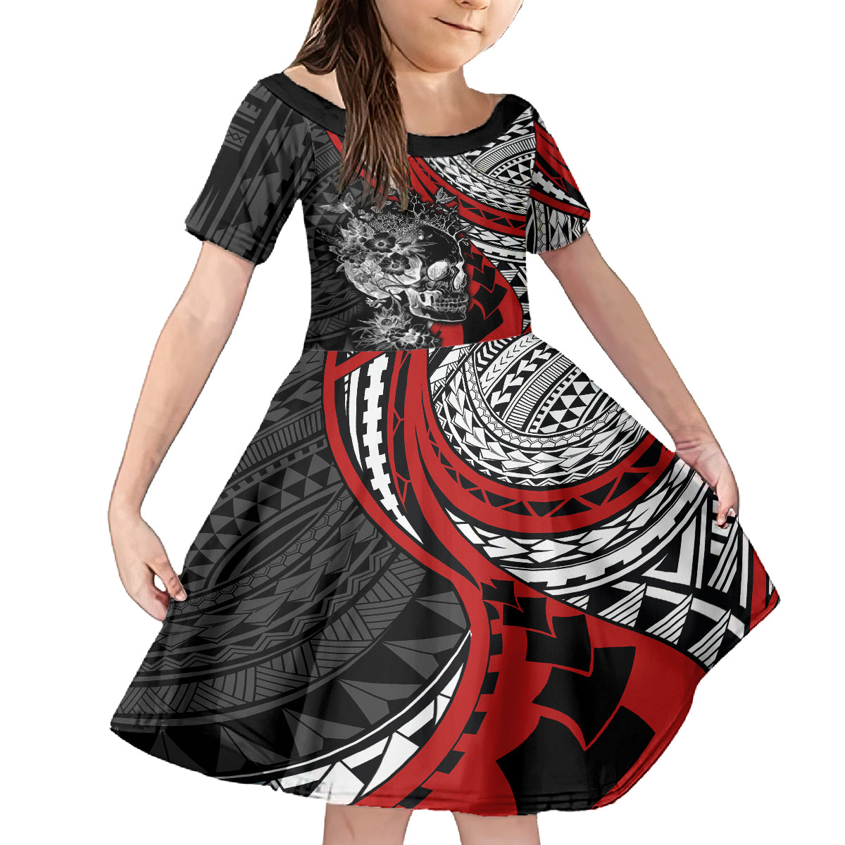 Personalised Polynesia Skull Family Matching Off Shoulder Short Dress and Hawaiian Shirt Tattoo In The Style Of Maori With Marine Life Red LT9 Daughter's Dress Red - Polynesian Pride