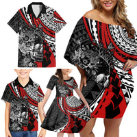 Personalised Polynesia Skull Family Matching Off Shoulder Short Dress and Hawaiian Shirt Tattoo In The Style Of Maori With Marine Life Red LT9 - Polynesian Pride