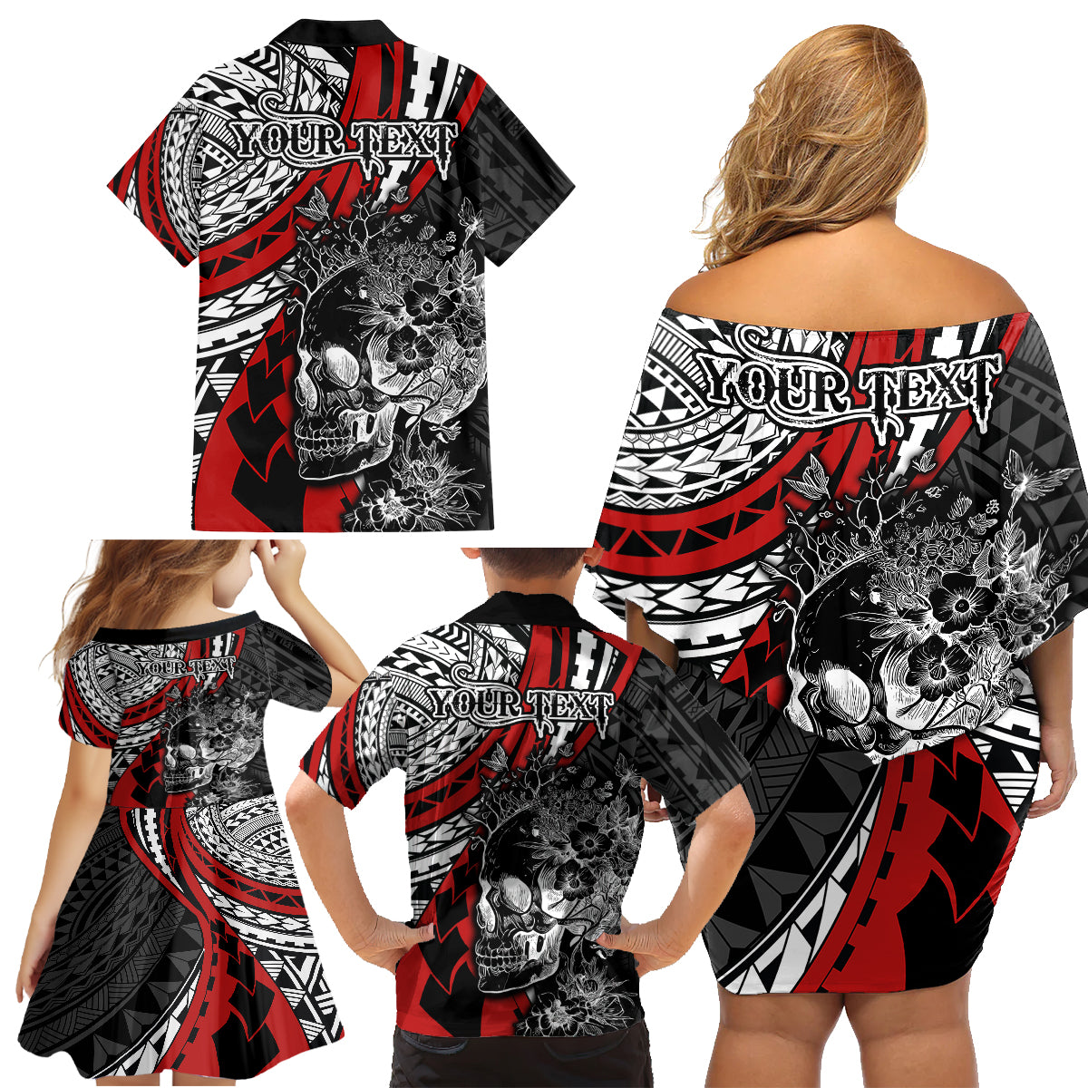 Personalised Polynesia Skull Family Matching Off Shoulder Short Dress and Hawaiian Shirt Tattoo In The Style Of Maori With Marine Life Red LT9 - Polynesian Pride