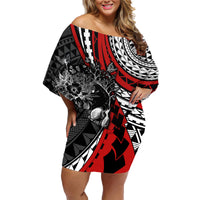Personalised Polynesia Skull Family Matching Off Shoulder Short Dress and Hawaiian Shirt Tattoo In The Style Of Maori With Marine Life Red LT9 Mom's Dress Red - Polynesian Pride