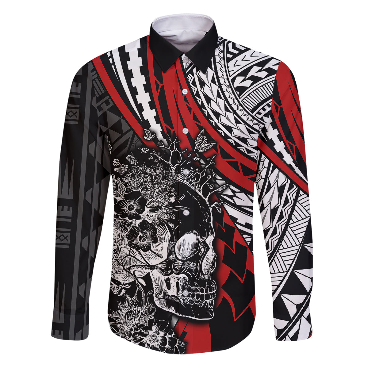 Personalised Polynesia Skull Family Matching Puletasi Dress and Hawaiian Shirt Tattoo In The Style Of Maori With Marine Life Red LT9 Dad's Shirt - Long Sleeve Red - Polynesian Pride