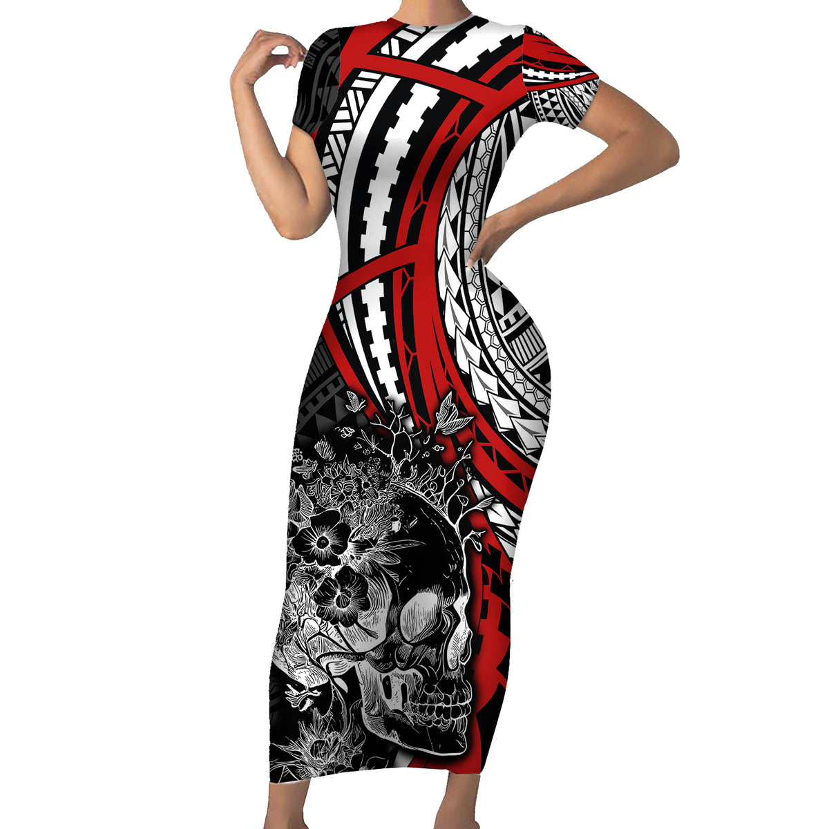 Personalised Polynesia Skull Family Matching Short Sleeve Bodycon Dress and Hawaiian Shirt Tattoo In The Style Of Maori With Marine Life Red LT9 Mom's Dress Red - Polynesian Pride