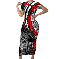 Personalised Polynesia Skull Family Matching Short Sleeve Bodycon Dress and Hawaiian Shirt Tattoo In The Style Of Maori With Marine Life Red LT9 Mom's Dress Red - Polynesian Pride