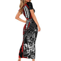 Personalised Polynesia Skull Family Matching Short Sleeve Bodycon Dress and Hawaiian Shirt Tattoo In The Style Of Maori With Marine Life Red LT9 - Polynesian Pride