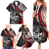 Personalised Polynesia Skull Family Matching Summer Maxi Dress and Hawaiian Shirt Tattoo In The Style Of Maori With Marine Life Red LT9 - Polynesian Pride