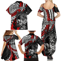 Personalised Polynesia Skull Family Matching Summer Maxi Dress and Hawaiian Shirt Tattoo In The Style Of Maori With Marine Life Red LT9 - Polynesian Pride