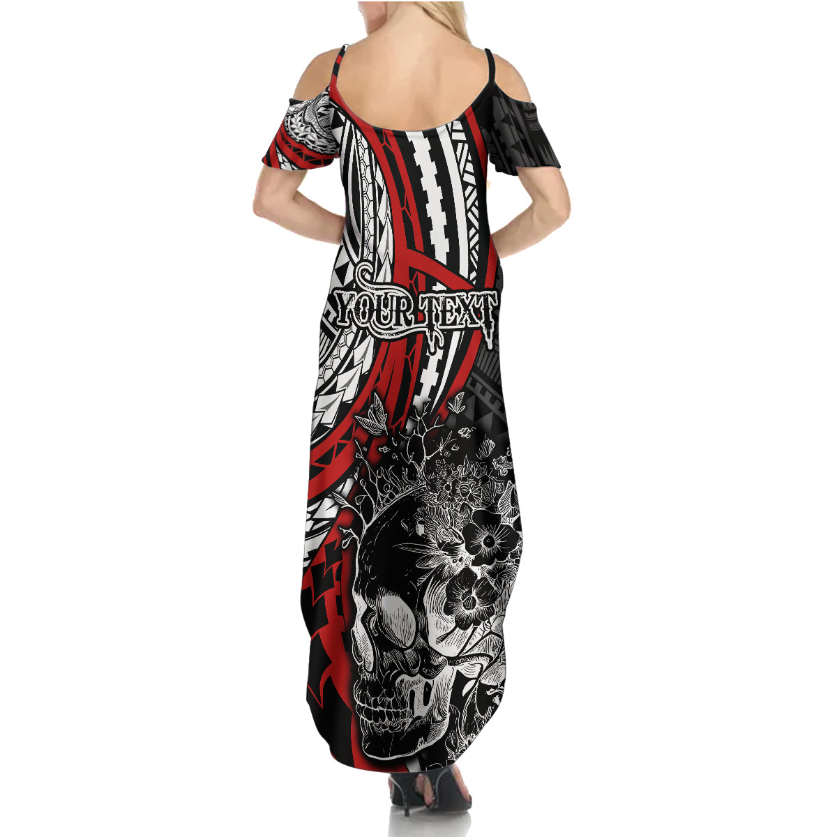 Personalised Polynesia Skull Family Matching Summer Maxi Dress and Hawaiian Shirt Tattoo In The Style Of Maori With Marine Life Red LT9 - Polynesian Pride