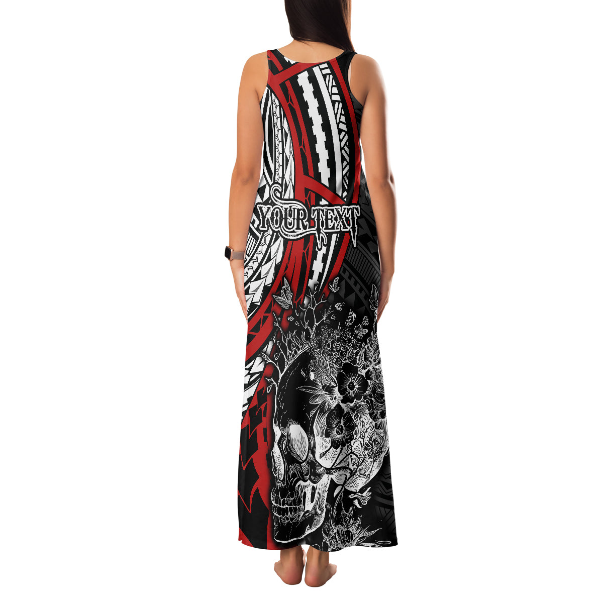 Personalised Polynesia Skull Family Matching Tank Maxi Dress and Hawaiian Shirt Tattoo In The Style Of Maori With Marine Life Red LT9 - Polynesian Pride
