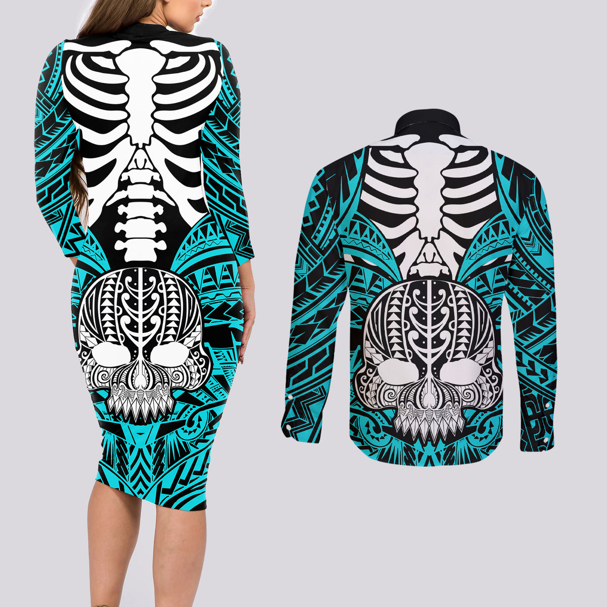 personalised-polynesia-skull-couples-matching-long-sleeve-bodycon-dress-and-long-sleeve-button-shirts-with-boars-tusk-aqua-arty-vibe