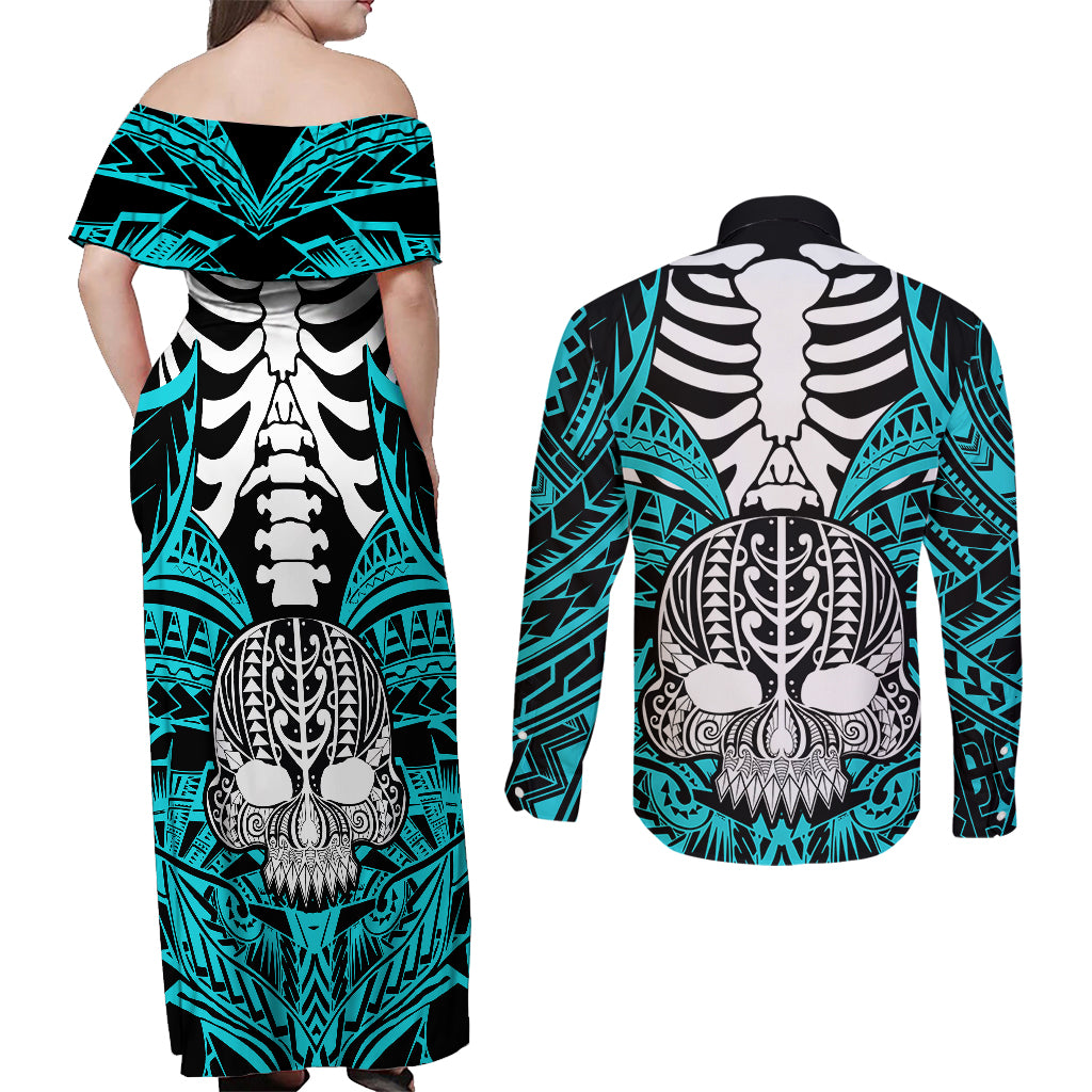 personalised-polynesia-skull-couples-matching-off-shoulder-maxi-dress-and-long-sleeve-button-shirts-with-boars-tusk-aqua-arty-vibe