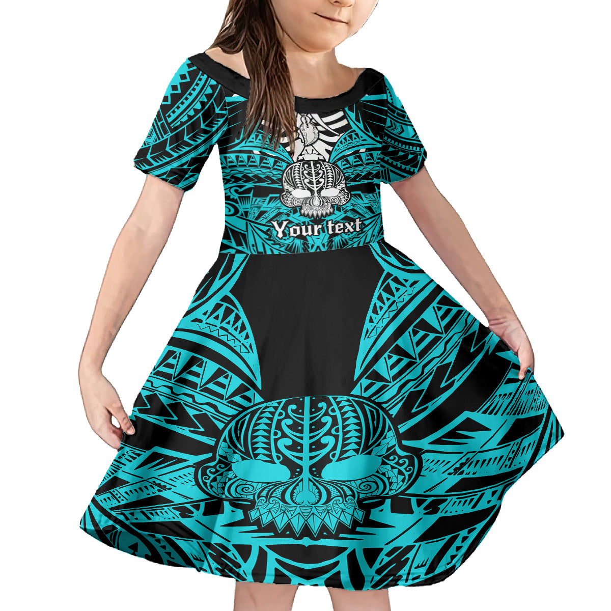 Personalised Polynesia Skull Family Matching Long Sleeve Bodycon Dress and Hawaiian Shirt With Boars Tusk Aqua Arty Vibe LT9 Daughter's Dress Aqua - Polynesian Pride