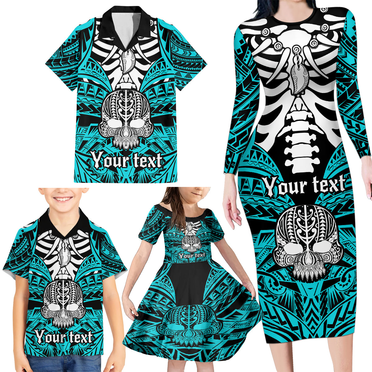 Personalised Polynesia Skull Family Matching Long Sleeve Bodycon Dress and Hawaiian Shirt With Boars Tusk Aqua Arty Vibe LT9 - Polynesian Pride
