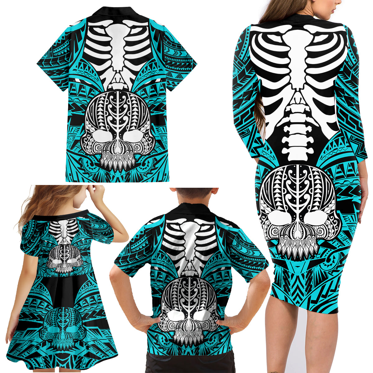 Personalised Polynesia Skull Family Matching Long Sleeve Bodycon Dress and Hawaiian Shirt With Boars Tusk Aqua Arty Vibe LT9 - Polynesian Pride