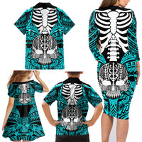 Personalised Polynesia Skull Family Matching Long Sleeve Bodycon Dress and Hawaiian Shirt With Boars Tusk Aqua Arty Vibe LT9 - Polynesian Pride