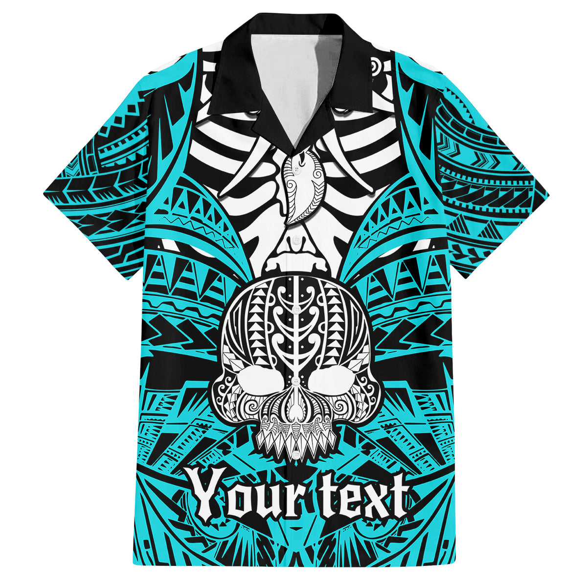 Personalised Polynesia Skull Family Matching Long Sleeve Bodycon Dress and Hawaiian Shirt With Boars Tusk Aqua Arty Vibe LT9 Dad's Shirt - Short Sleeve Aqua - Polynesian Pride