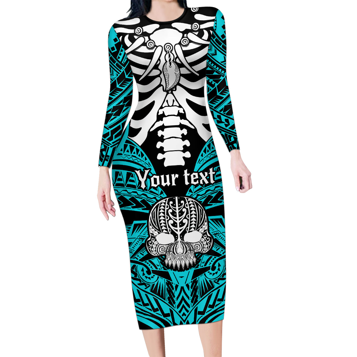 Personalised Polynesia Skull Family Matching Long Sleeve Bodycon Dress and Hawaiian Shirt With Boars Tusk Aqua Arty Vibe LT9 Mom's Dress Aqua - Polynesian Pride