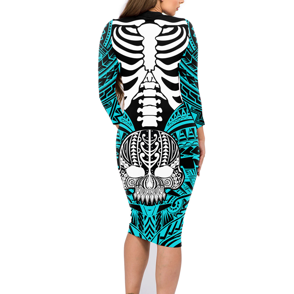 Personalised Polynesia Skull Family Matching Long Sleeve Bodycon Dress and Hawaiian Shirt With Boars Tusk Aqua Arty Vibe LT9 - Polynesian Pride