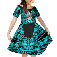 Personalised Polynesia Skull Family Matching Short Sleeve Bodycon Dress and Hawaiian Shirt With Boars Tusk Aqua Arty Vibe LT9 Daughter's Dress Aqua - Polynesian Pride