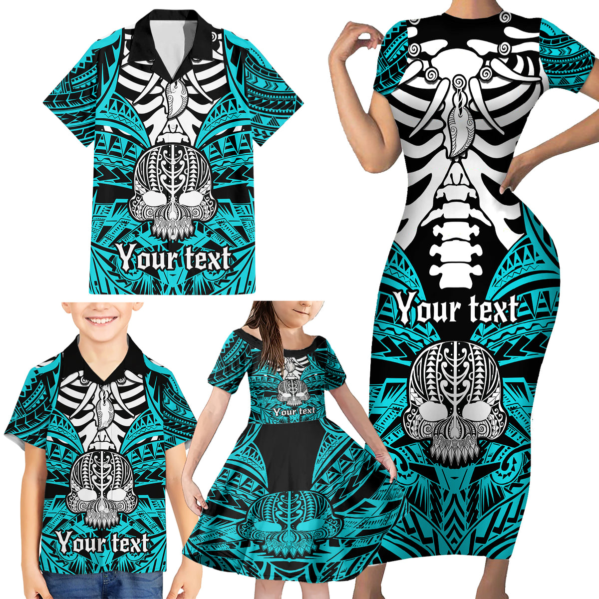 Personalised Polynesia Skull Family Matching Short Sleeve Bodycon Dress and Hawaiian Shirt With Boars Tusk Aqua Arty Vibe LT9 - Polynesian Pride