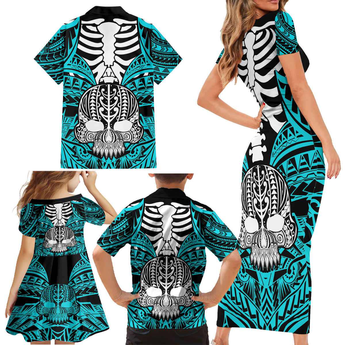 Personalised Polynesia Skull Family Matching Short Sleeve Bodycon Dress and Hawaiian Shirt With Boars Tusk Aqua Arty Vibe LT9 - Polynesian Pride