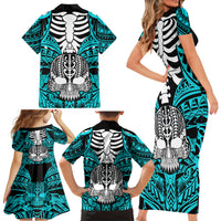 Personalised Polynesia Skull Family Matching Short Sleeve Bodycon Dress and Hawaiian Shirt With Boars Tusk Aqua Arty Vibe LT9 - Polynesian Pride