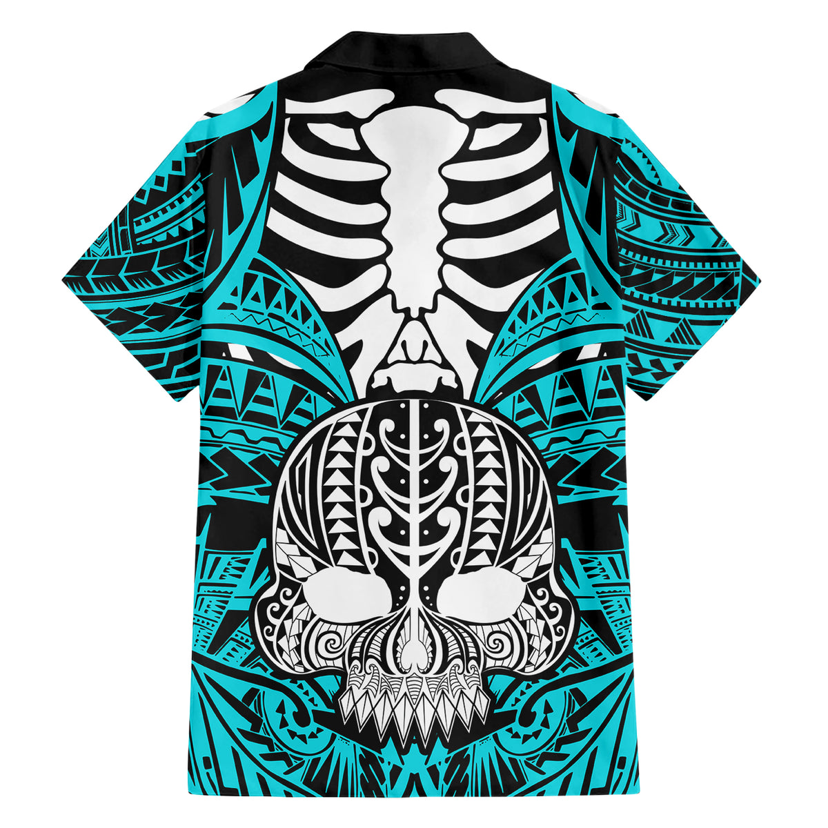 Personalised Polynesia Skull Family Matching Short Sleeve Bodycon Dress and Hawaiian Shirt With Boars Tusk Aqua Arty Vibe LT9 - Polynesian Pride