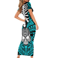 Personalised Polynesia Skull Family Matching Short Sleeve Bodycon Dress and Hawaiian Shirt With Boars Tusk Aqua Arty Vibe LT9 - Polynesian Pride