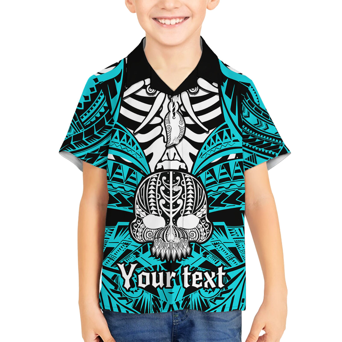 personalised-polynesia-skull-family-matching-tank-maxi-dress-and-hawaiian-shirt-with-boars-tusk-aqua-arty-vibe