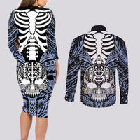 personalised-polynesia-skull-couples-matching-long-sleeve-bodycon-dress-and-long-sleeve-button-shirts-with-boars-tusk-blue-arty-vibe